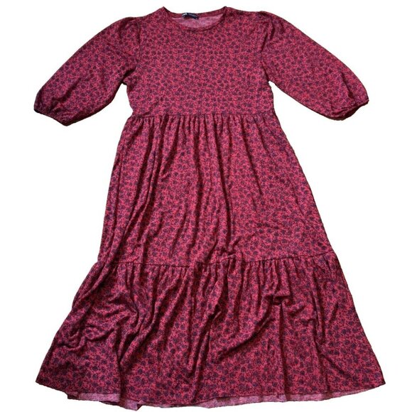 Zara Dresses & Skirts - ZARA Red Black Dainty Floral 1/4 Sleeves Tiered Maxi Dress Womens Size Small S